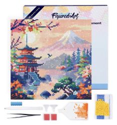 Mini diamantové malování - Pagoda Pod Horou Fuji na rámu 25x25cm
