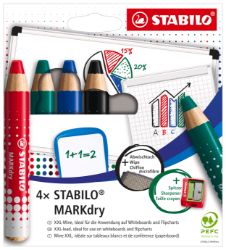 Suchý popisovač na tabuli a flipchart STABILO MARKdry - sada 4 ks s ořezávátkem a hadříkem - Školní potřeby STABILO MARKdry 4 ks Sada s ořezávátkem a utěrkou
