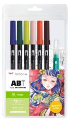 Tombow ABT sada oboustranných fixů Manga Wind 6 ks + vodní štětec - Fixy ABT Sada oboustr. fixů 6ks + vodní štětec, Manga Wind