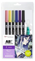 Tombow ABT sada oboustranných fixů Manga Moon 6 ks + vodní štětec - Fixy ABT Sada oboustr. fixů 6ks + vodní štětec, Manga Moon