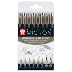 Sakura sada Pigma Micron Fineliners - 6 šedých technických popisovačů, 2 pěnové štětce Sakura sada Pigma Micron Fineliners - 6 šedých technických popisovačů, 2 pěnové štětce