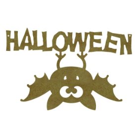 Dřevěný výřez k dekoraci Gomille závěsný, 36 x 23 cm - nápis Halloween s netopýrem