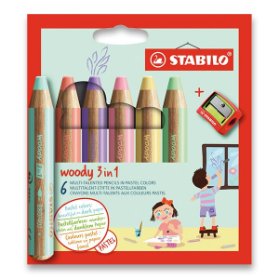 Pastelky STABILO woody 3in1, sada 6 ks v pouzdru s ořezávátkem