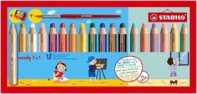 Pastelky STABILO woody 3in1, sada 18 ks pastelových barev v pouzdru s ořezávátkem a štětcem