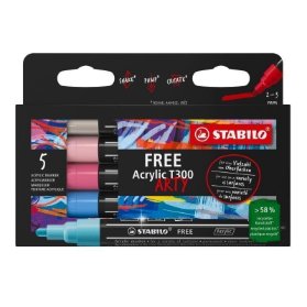 Akrylový popisovač - STABILO FREE Acrylic - T300 Kulatý hrot 2-3 mm - Candy 5 ks sada