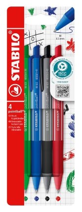 Kuličkové pero STABILO pointball colorful - 4 ks sada - modrá, černá, červená, zelená