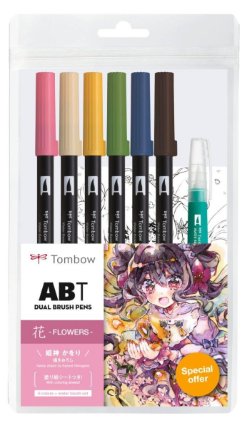 ABT Sada oboustr. fixů 6ks + vodní štětec, Manga Flower