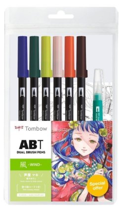 ABT Sada oboustr. fixů 6ks + vodní štětec, Manga Wind