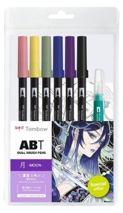 ABT Sada oboustr. fixů 6ks + vodní štětec, Manga Moon