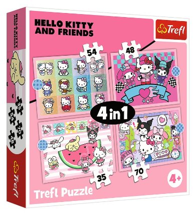 Puzzle Hello Kitty a přátelé: Sladké dobrodružství 4v1 (35,48,54,70 dílků)