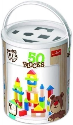 Barevné dřevěné kostky 50ks v kyblíku s prostrkávacím víkem / Wooden Toys