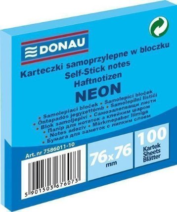 Samolepicí bloček 76 x 76 mm - neonově modrý 100 listů