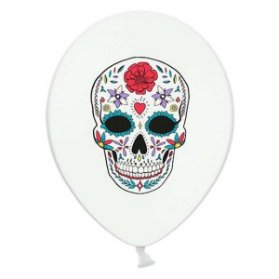 BALÓNEK latexový bílý s lebkou, 30 cm, 6ks