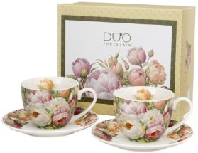 Sada dvou porcelánových šálků a podšálků Peonies