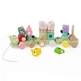 Vlak + 2 vagóny jungle dřevo tahací stavebnice 27/dílků