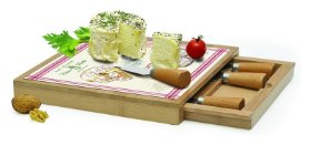 Skleněné prkénko v bambusovém rámu s noži na sýry Fromage