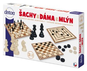Šachy a dáma - společenská hra / dřevěné figurky a kameny v krabici