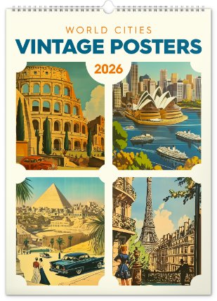 Nástěnný kalendář Vintage plakáty - světová města 2026, 33 x 46 cm