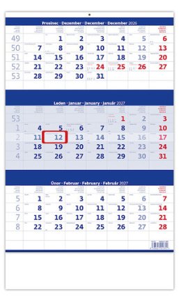 Tříměsíční kalendář modrý 2027 - nástěnný kalendář