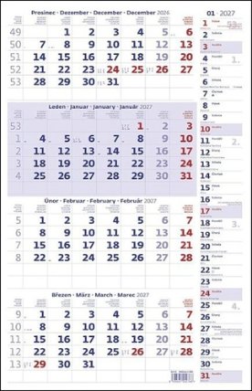 Čtyřměsíční kalendář modrý s poznámkami 2027 - nástěnný kalendář